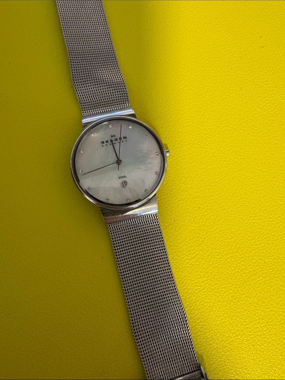 Skagen Silver Mesh Watch with Mother-of-Pearl Dial